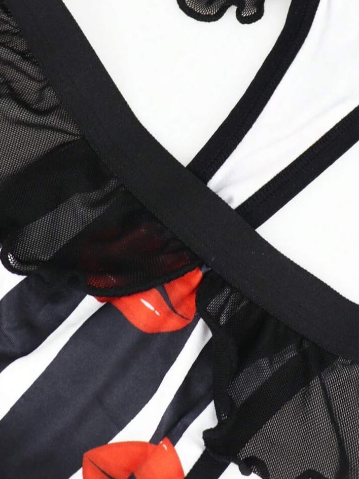 Men's Seductive Red Lips Flame Zebra Striped Hollow Mesh  Underwear